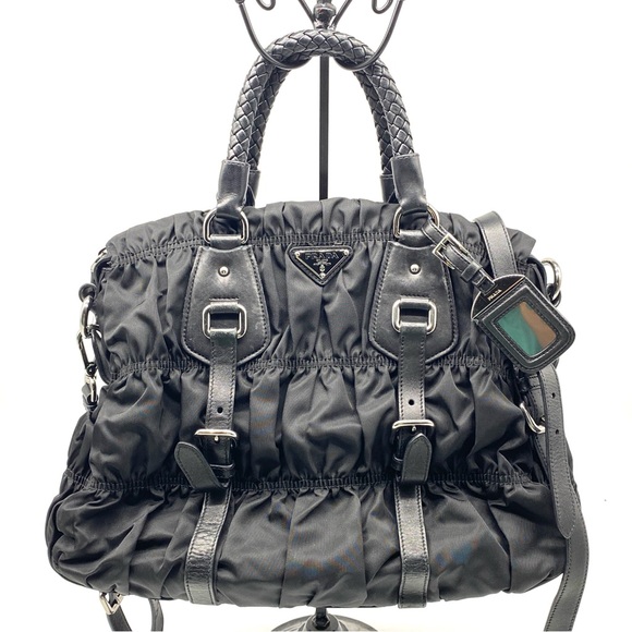 PRADA TESSUTO GAUFRE BLACK LEATHER NYLON TOTE CROSSBODY SATCHEL LOGO ZIP LARGE - Picture 2 of 11